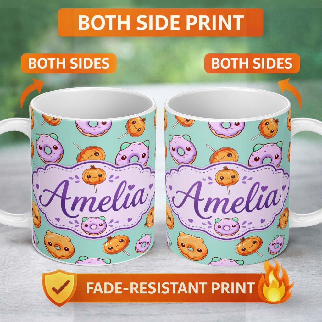 Personalized Custom Name Cute Kawaii Donut Pumpkin Lollipop Pattern Teal Background Name 11oz Ceramic Coffee Tea Mug White Large Handle