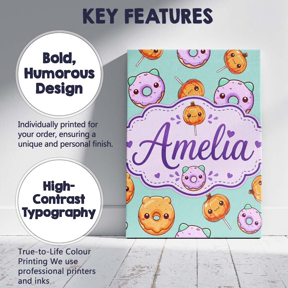 Personalised Name Cute Kawaii Donut Pumpkin Custom  Bespoke Interior Contemporary Canvas Wall Art Print Decor Picture Ready to Hang