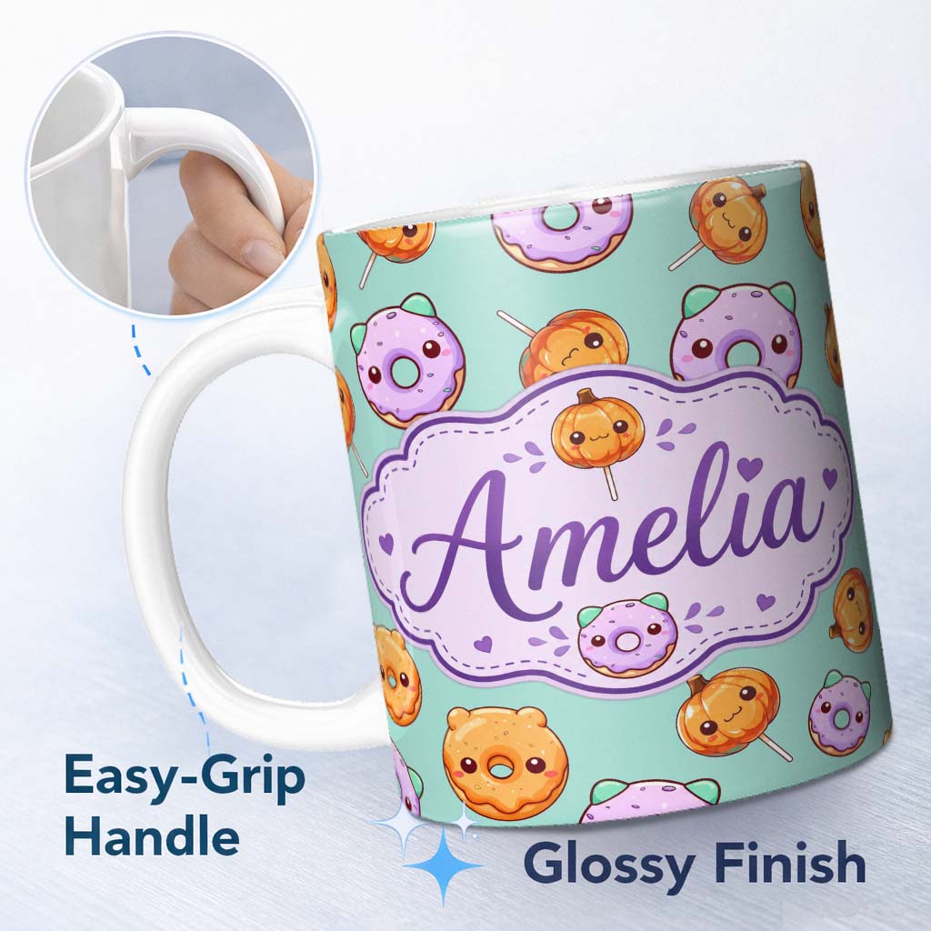 Personalized Custom Name Cute Kawaii Donut Pumpkin Lollipop Pattern Teal Background Name 11oz Ceramic Coffee Tea Mug White Large Handle