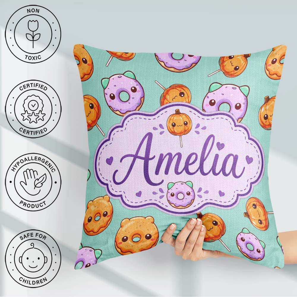 Custom Name Cute Kawaii Donut Pumpkin Lollipop Pattern Teal Name Square Filled Cushion Throw Pillow Sofa Bed Home Decor Zip Washable UK Made