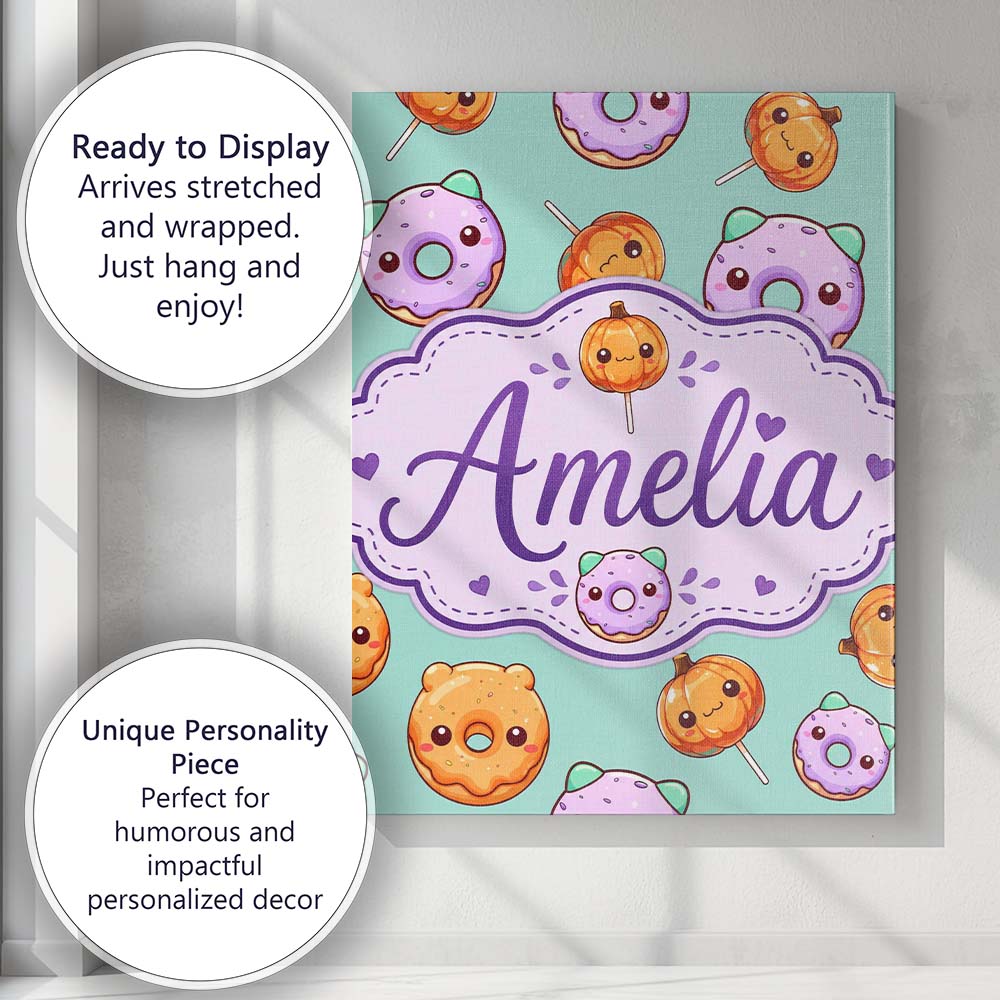 Personalised Name Cute Kawaii Donut Pumpkin Custom  Bespoke Interior Contemporary Canvas Wall Art Print Decor Picture Ready to Hang