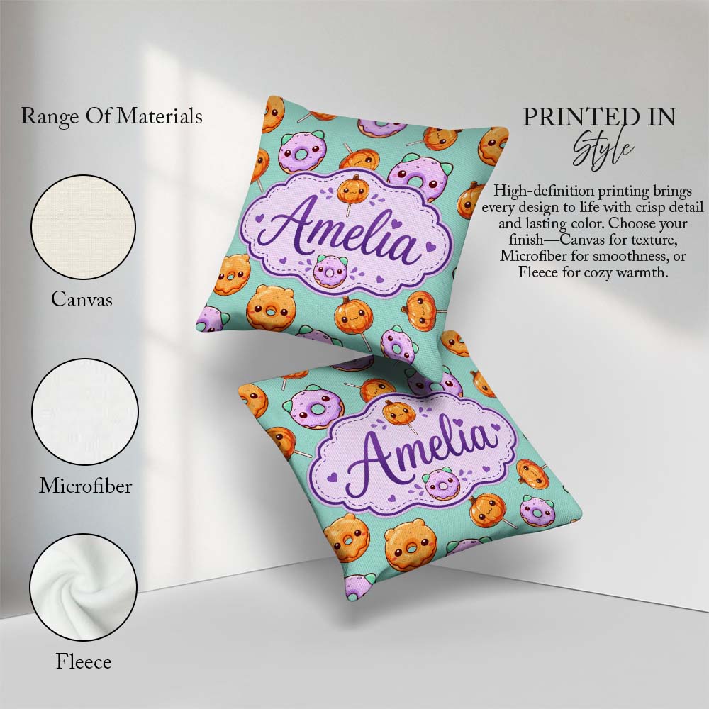 Custom Name Cute Kawaii Donut Pumpkin Lollipop Pattern Teal Name Square Filled Cushion Throw Pillow Sofa Bed Home Decor Zip Washable UK Made