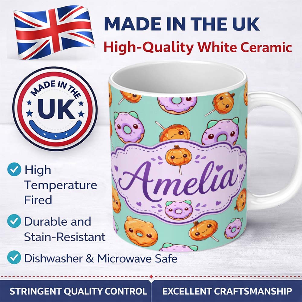 Personalized Custom Name Cute Kawaii Donut Pumpkin Lollipop Pattern Teal Background Name 11oz Ceramic Coffee Tea Mug White Large Handle