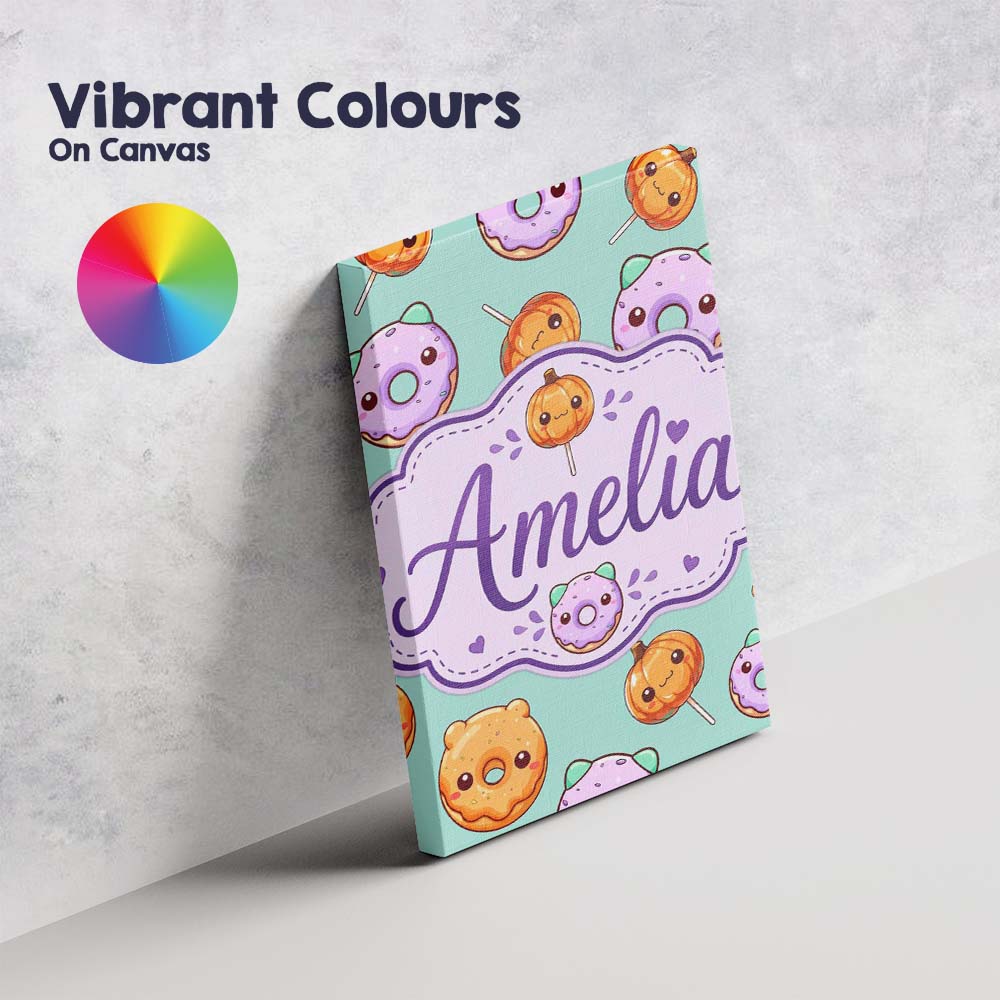 Personalised Name Cute Kawaii Donut Pumpkin Custom  Bespoke Interior Contemporary Canvas Wall Art Print Decor Picture Ready to Hang