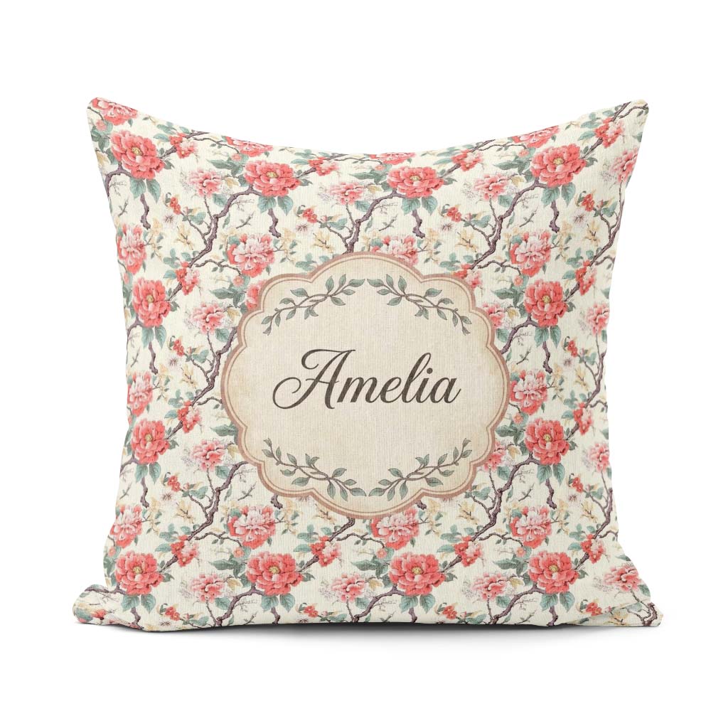 Custom Name Red Blossom Oriental Floral Branch Seamless Pattern Square Filled Cushion Throw Pillow Sofa Bed Home Decor Zip Washable UK Made