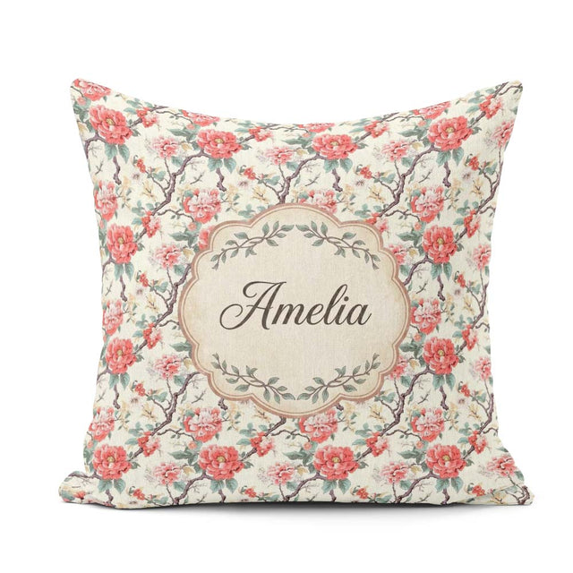Custom Name Red Blossom Oriental Floral Branch Seamless Pattern Square Filled Cushion Throw Pillow Sofa Bed Home Decor Zip Washable UK Made