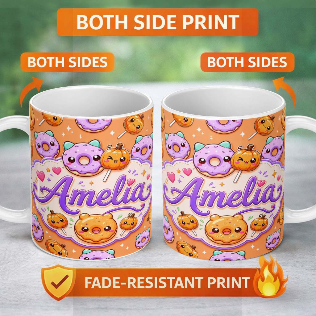 Personalized Custom Name Cute Kawaii Donut Pumpkin Lollipop Pattern Orange Background Name 11oz Ceramic Coffee Tea Mug White Large Handle