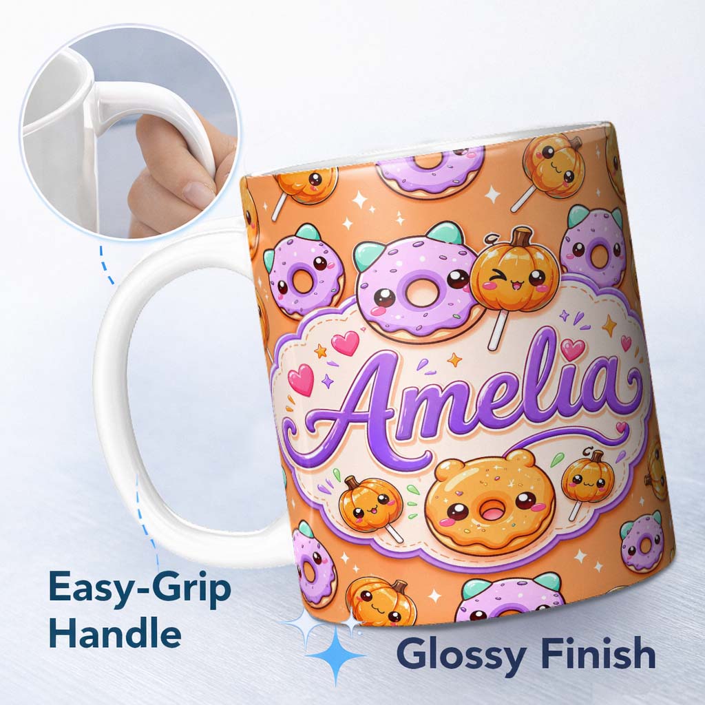 Personalized Custom Name Cute Kawaii Donut Pumpkin Lollipop Pattern Orange Background Name 11oz Ceramic Coffee Tea Mug White Large Handle