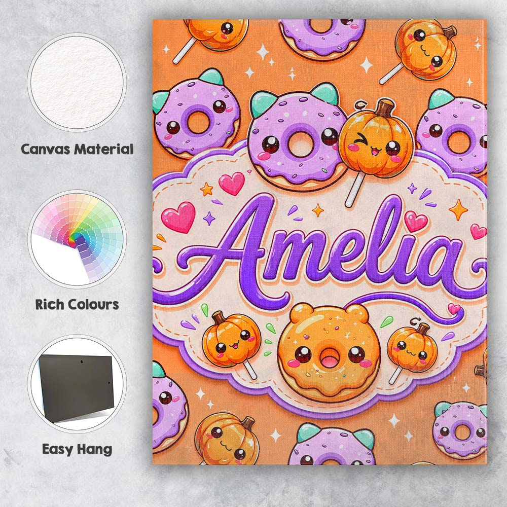 Personalised Name Cute Kawaii Donut Pumpkin Custom  Bespoke Interior Contemporary Canvas Wall Art Print Decor Picture Ready to Hang