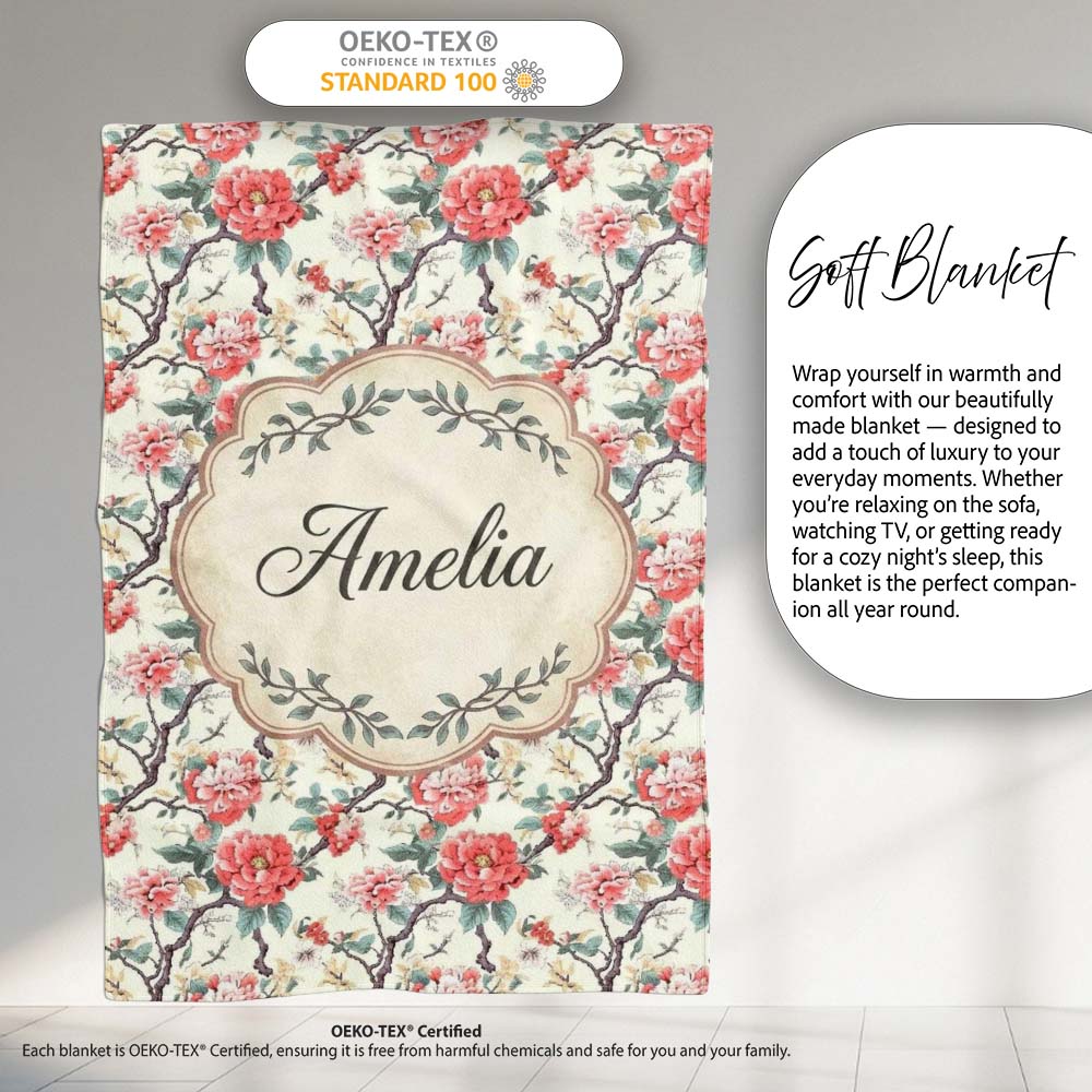 Red Blossom Oriental Floral Branch Seamless Pattern Cute Unique Gift  Personalised Custom Name Super Soft Fleece Blanket Bed Sofa Throw