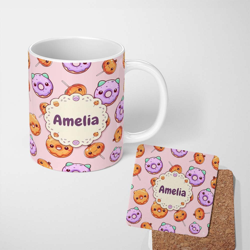Personalized Custom Name Cute Kawaii Donut Pumpkin Lollipop Pattern Soft Pink Background Name 11oz Ceramic Coffee Tea Mug White Large Handle