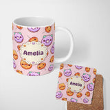 Personalized Custom Name Cute Kawaii Donut Pumpkin Lollipop Pattern Soft Pink Background Name 11oz Ceramic Coffee Tea Mug White Large Handle