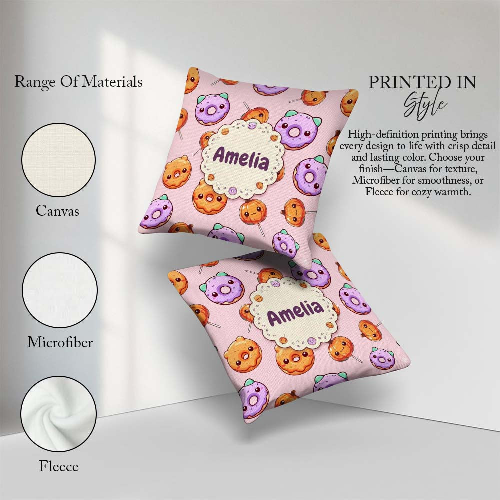Custom Name Kawaii Donut Pumpkin Lollipop Pattern Soft Pink Name Square Filled Cushion Throw Pillow Sofa Bed Home Decor Zip Washable UK Made
