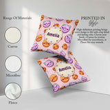 Custom Name Kawaii Donut Pumpkin Lollipop Pattern Soft Pink Name Square Filled Cushion Throw Pillow Sofa Bed Home Decor Zip Washable UK Made