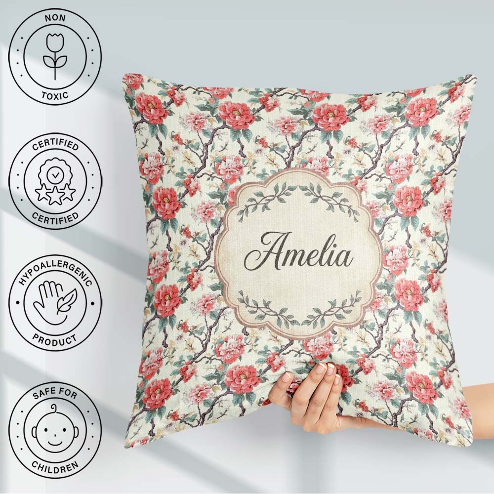 Custom Name Red Blossom Oriental Floral Branch Seamless Pattern Square Filled Cushion Throw Pillow Sofa Bed Home Decor Zip Washable UK Made