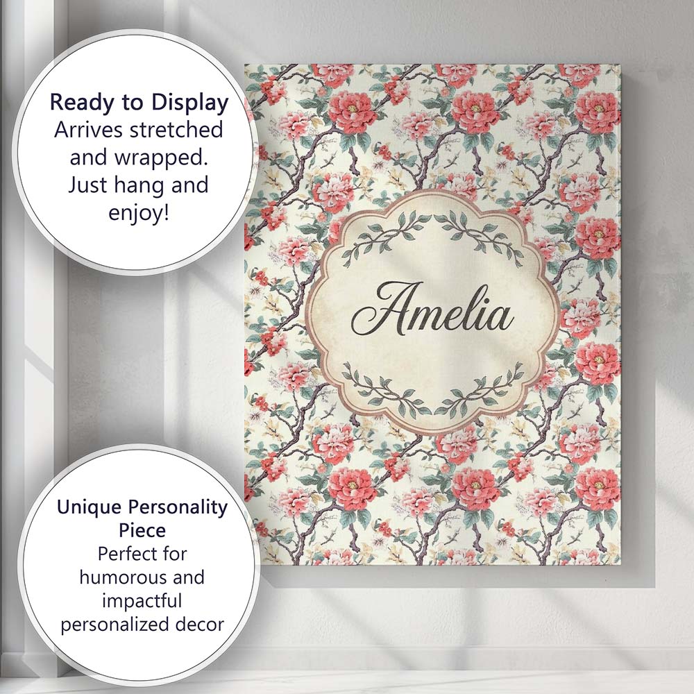 Personalised Name Red Blossom Oriental Floral Branch Seamless Custom Contemporary Display Canvas Wall Art Print Decor Picture Ready to Hang