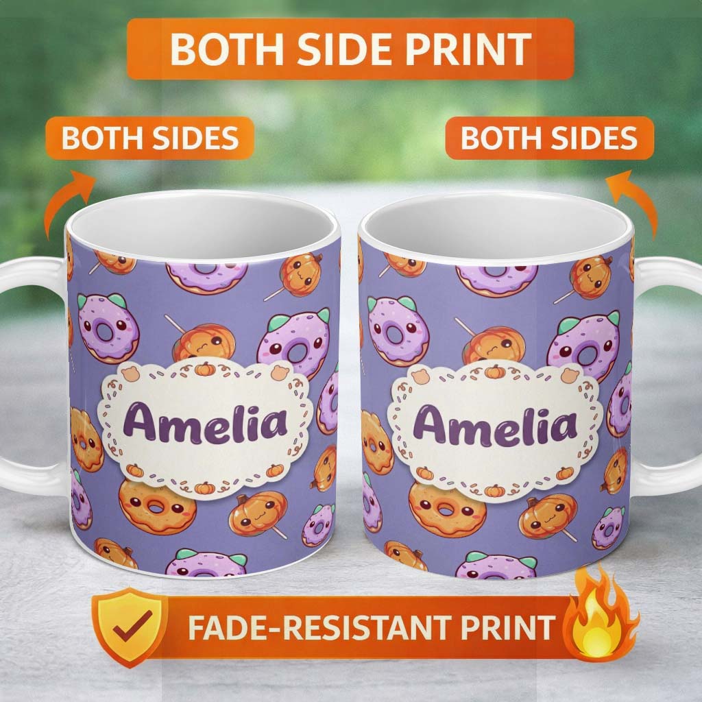 Personalized Custom Name Cute Kawaii Donut Pumpkin Lollipop Pattern Purple Gradient Name 11oz Ceramic Coffee Tea Mug White Large Handle
