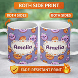 Personalized Custom Name Cute Kawaii Donut Pumpkin Lollipop Pattern Purple Gradient Name 11oz Ceramic Coffee Tea Mug White Large Handle
