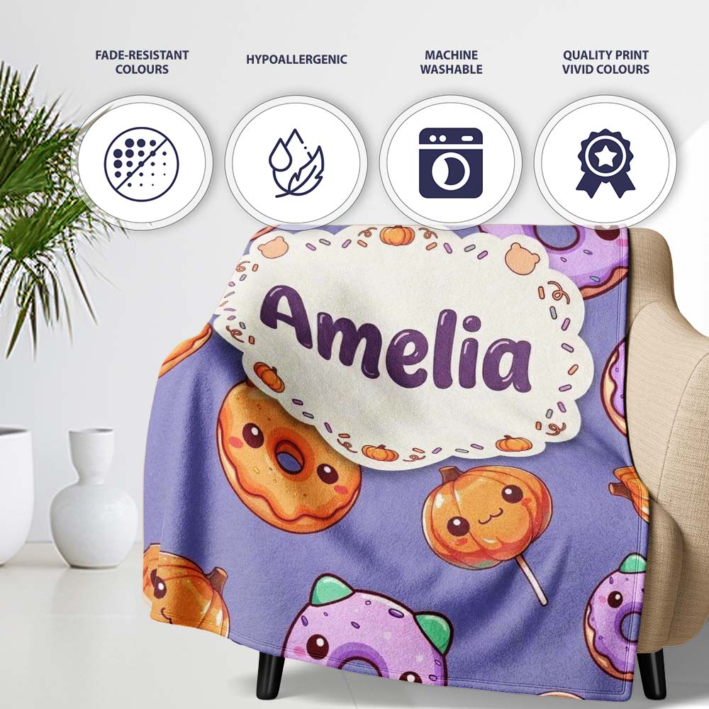 Cute Kawaii Donut Pumpkin Lollipop Pattern Purple Gradient Name  Personalised Custom Name Super Soft Fleece Blanket Bed Sofa Throw