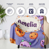 Cute Kawaii Donut Pumpkin Lollipop Pattern Purple Gradient Name  Personalised Custom Name Super Soft Fleece Blanket Bed Sofa Throw