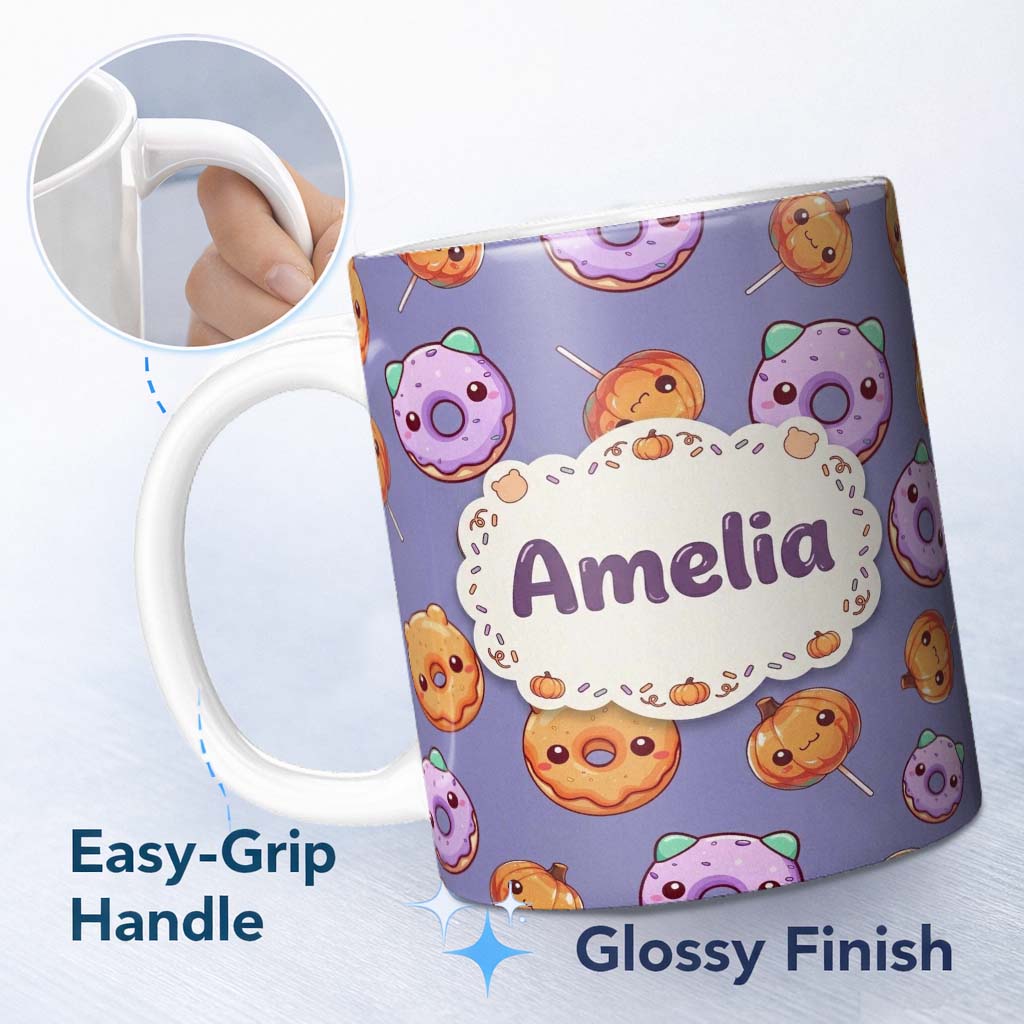 Personalized Custom Name Cute Kawaii Donut Pumpkin Lollipop Pattern Purple Gradient Name 11oz Ceramic Coffee Tea Mug White Large Handle