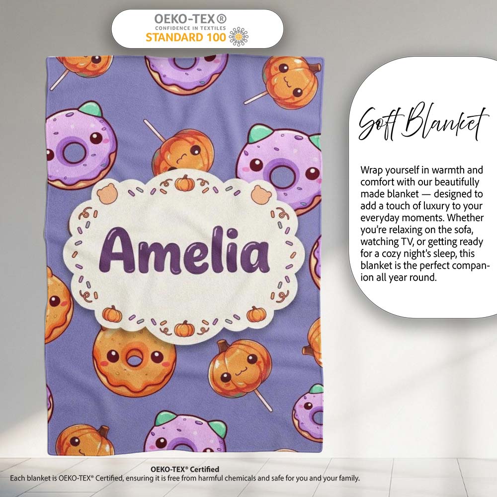 Cute Kawaii Donut Pumpkin Lollipop Pattern Purple Gradient Name  Personalised Custom Name Super Soft Fleece Blanket Bed Sofa Throw