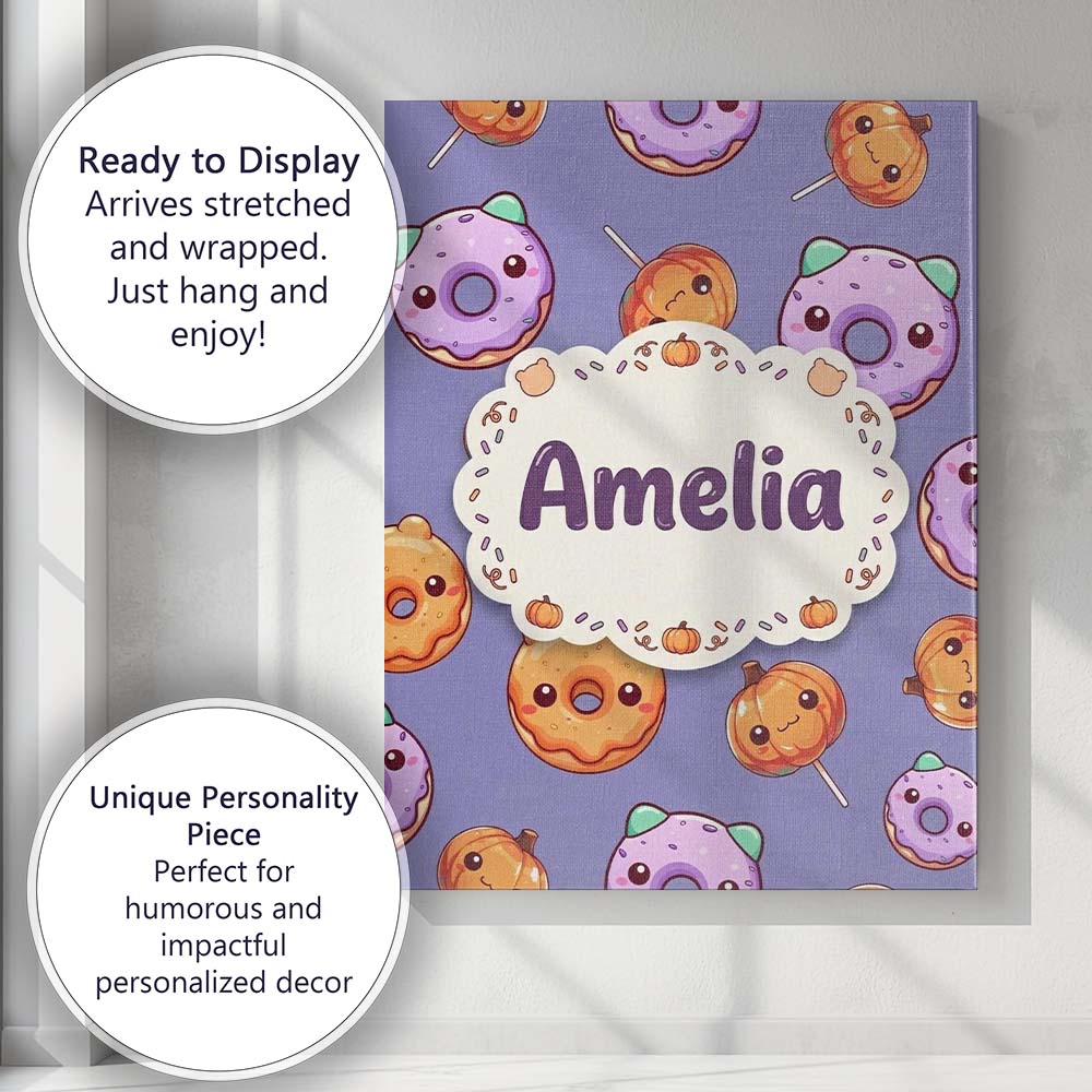 Personalised Name Cute Kawaii Donut Pumpkin Custom  Bespoke Interior Contemporary Canvas Wall Art Print Decor Picture Ready to Hang