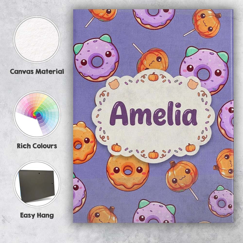 Personalised Name Cute Kawaii Donut Pumpkin Custom  Bespoke Interior Contemporary Canvas Wall Art Print Decor Picture Ready to Hang