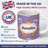 Personalized Custom Name Cute Kawaii Donut Pumpkin Lollipop Pattern Purple Gradient Name 11oz Ceramic Coffee Tea Mug White Large Handle