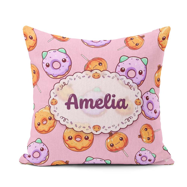 Custom Name Kawaii Donut Pumpkin Lollipop Pastel Pink Background Square Filled Cushion Throw Pillow Sofa Bed Home Decor Zip Washable UK Made
