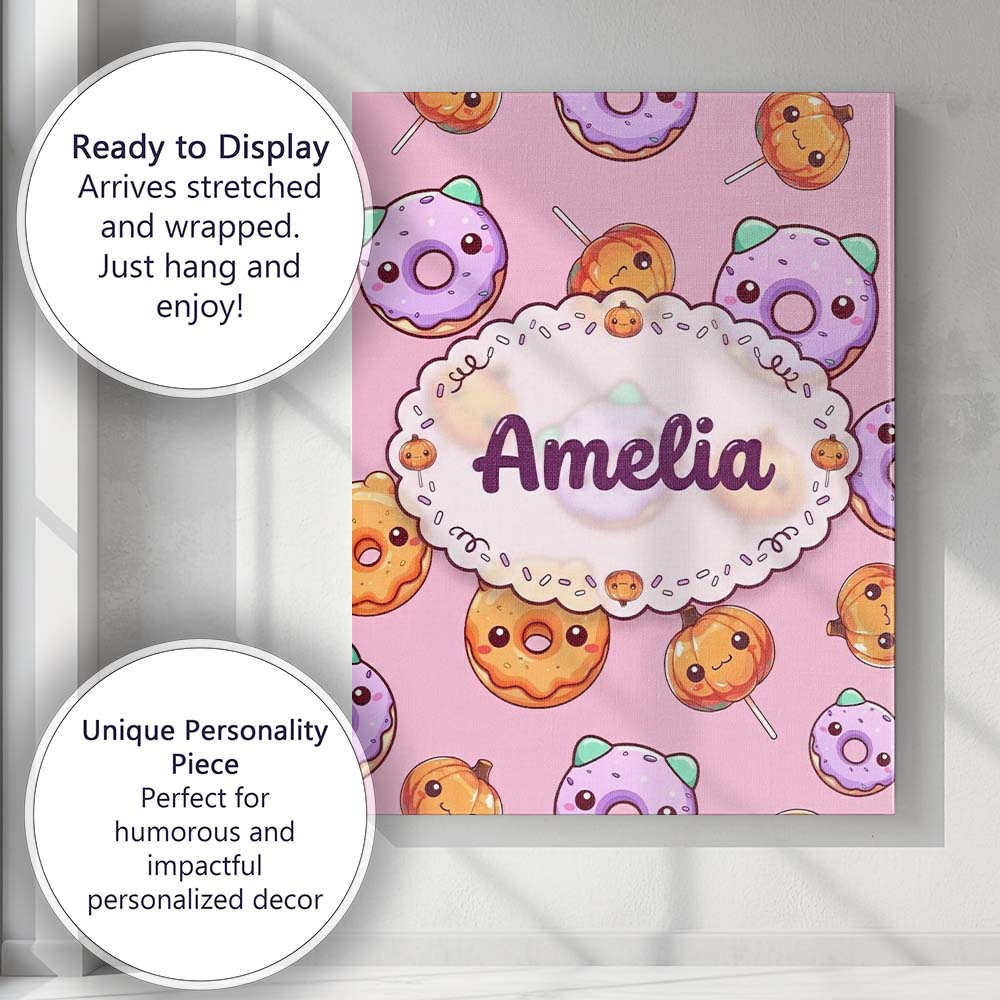 Personalised Name Cute Kawaii Donut Pumpkin Custom  Bespoke Interior Contemporary Canvas Wall Art Print Decor Picture Ready to Hang