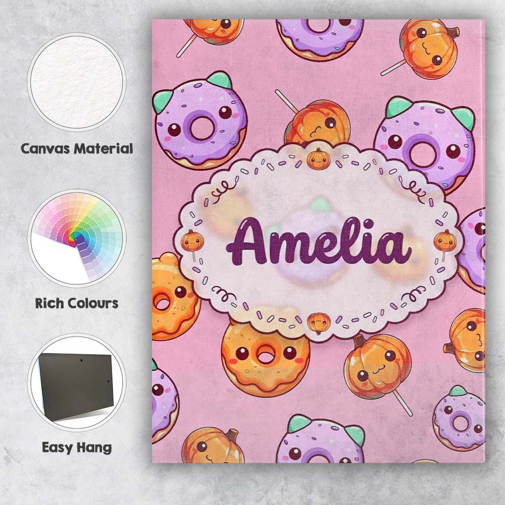 Personalised Name Cute Kawaii Donut Pumpkin Custom  Bespoke Interior Contemporary Canvas Wall Art Print Decor Picture Ready to Hang