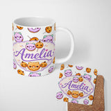 Personalized Custom Name Cute Kawaii Donut Pumpkin Lollipop Pattern Light Grey Background 11oz Ceramic Coffee Tea Mug White Large Handle