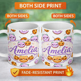 Personalized Custom Name Cute Kawaii Donut Pumpkin Lollipop Pattern Light Grey Background 11oz Ceramic Coffee Tea Mug White Large Handle