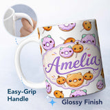 Personalized Custom Name Cute Kawaii Donut Pumpkin Lollipop Pattern Light Grey Background 11oz Ceramic Coffee Tea Mug White Large Handle