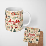 Personalized Custom Name Vintage Christmas Village Snowman Santa Ice Skating Festive Winter 11oz Ceramic Coffee Tea Mug White Large Handle
