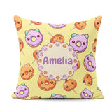 Custom Name Kawaii Donut Pumpkin Pattern Yellow Green Background Square Filled Cushion Throw Pillow Sofa Bed Home Decor Zip Washable UK Made