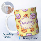Personalized Custom Name Cute Kawaii Donut Pumpkin Lollipop Pattern Yellow Green Background 11oz Ceramic Coffee Tea Mug White Large Handle