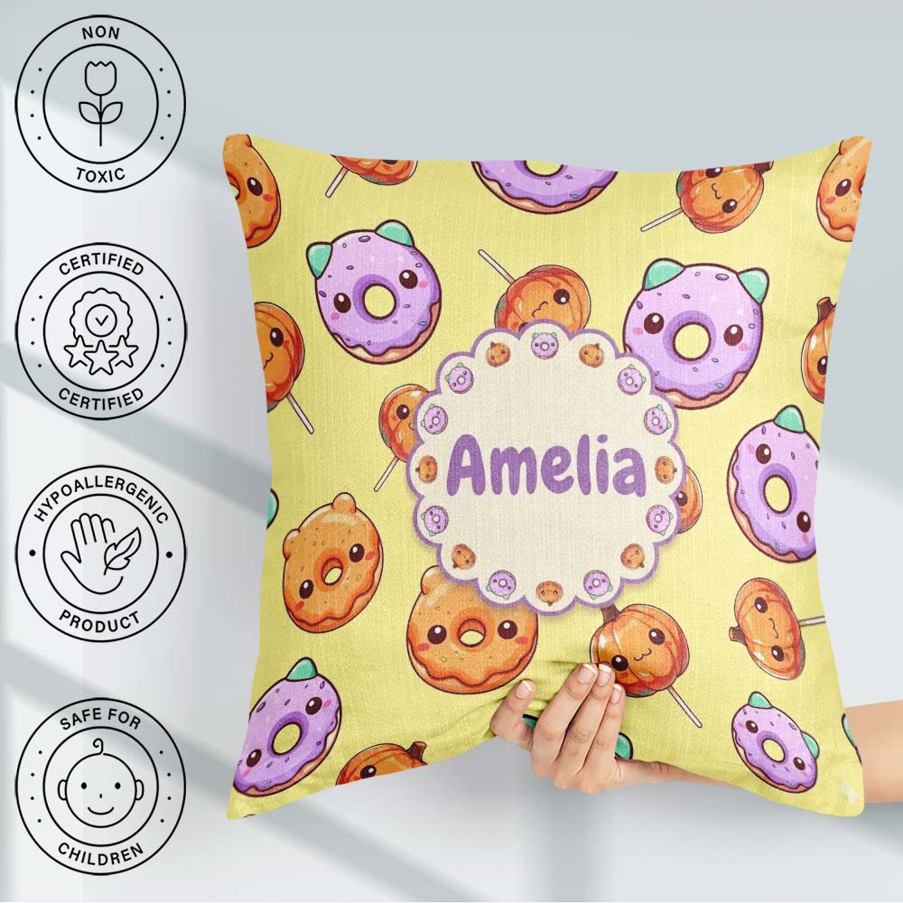 Custom Name Kawaii Donut Pumpkin Pattern Yellow Green Background Square Filled Cushion Throw Pillow Sofa Bed Home Decor Zip Washable UK Made