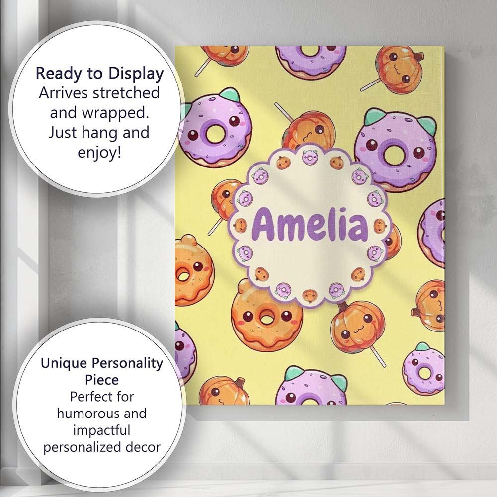 Personalised Name Cute Kawaii Donut Pumpkin Custom  Bespoke Interior Contemporary Canvas Wall Art Print Decor Picture Ready to Hang