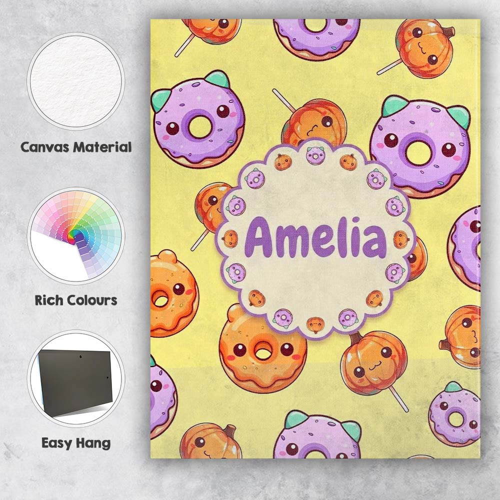 Personalised Name Cute Kawaii Donut Pumpkin Custom  Bespoke Interior Contemporary Canvas Wall Art Print Decor Picture Ready to Hang