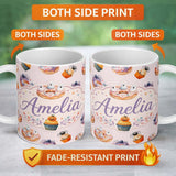 Personalized Custom Name Halloween Donuts Cupcakes and Spiders Seamless Pattern on Pink 11oz Ceramic Coffee Tea Mug White Large Handle