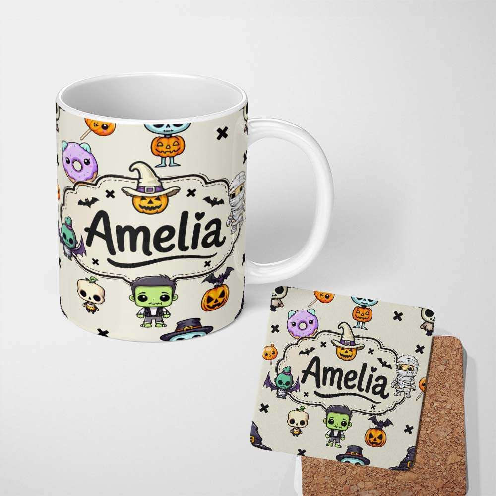 Personalized Custom Name Cute Kawaii Halloween Mummy Bat Pumpkin Character Pattern Name 11oz Ceramic Coffee Tea Mug White Large Handle