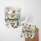 Personalized Custom Name Cute Kawaii Halloween Mummy Bat Pumpkin Character Pattern Name 11oz Ceramic Coffee Tea Mug White Large Handle