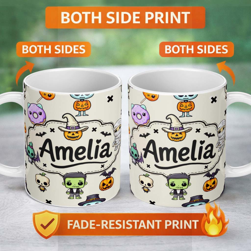 Personalized Custom Name Cute Kawaii Halloween Mummy Bat Pumpkin Character Pattern Name 11oz Ceramic Coffee Tea Mug White Large Handle