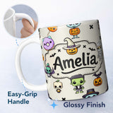 Personalized Custom Name Cute Kawaii Halloween Mummy Bat Pumpkin Character Pattern Name 11oz Ceramic Coffee Tea Mug White Large Handle