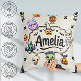Custom Name Cute Kawaii Halloween Mummy Bat Pumpkin Pattern Name Square Filled Cushion Throw Pillow Sofa Bed Home Decor Zip Washable UK Made