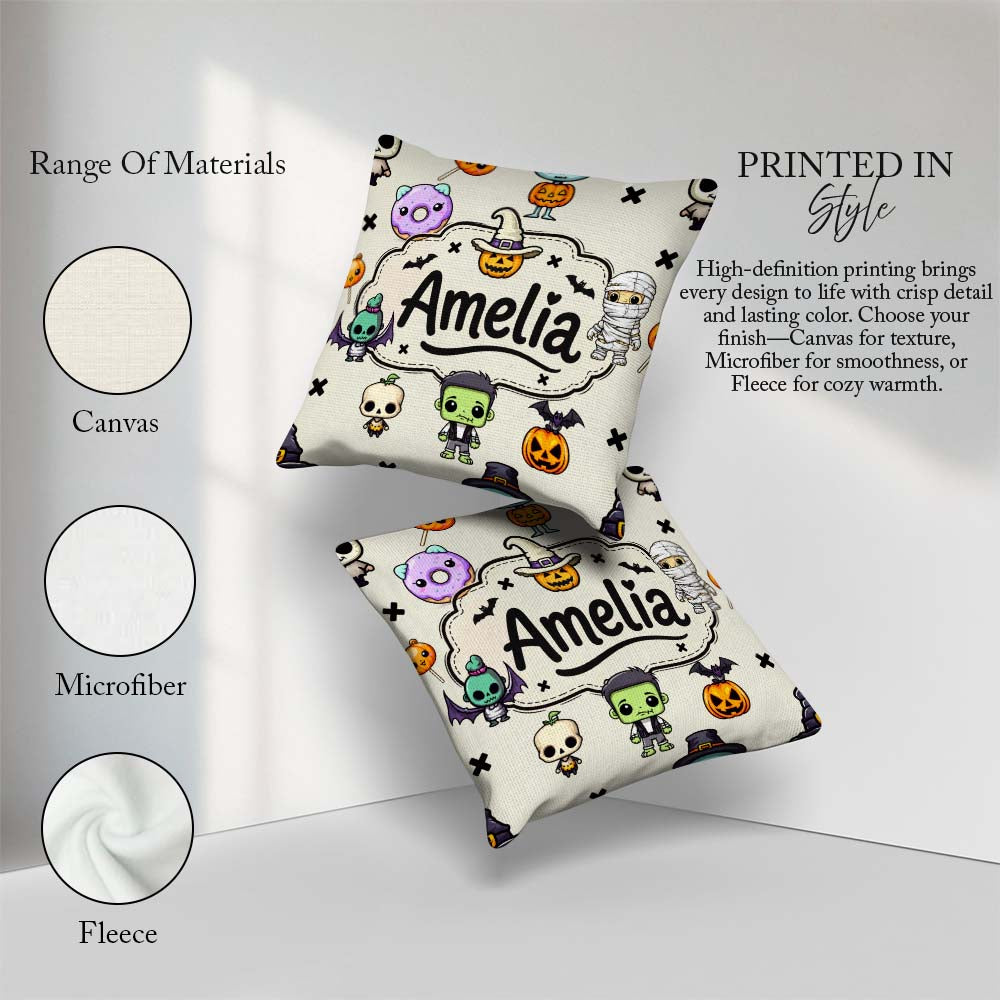 Custom Name Cute Kawaii Halloween Mummy Bat Pumpkin Pattern Name Square Filled Cushion Throw Pillow Sofa Bed Home Decor Zip Washable UK Made