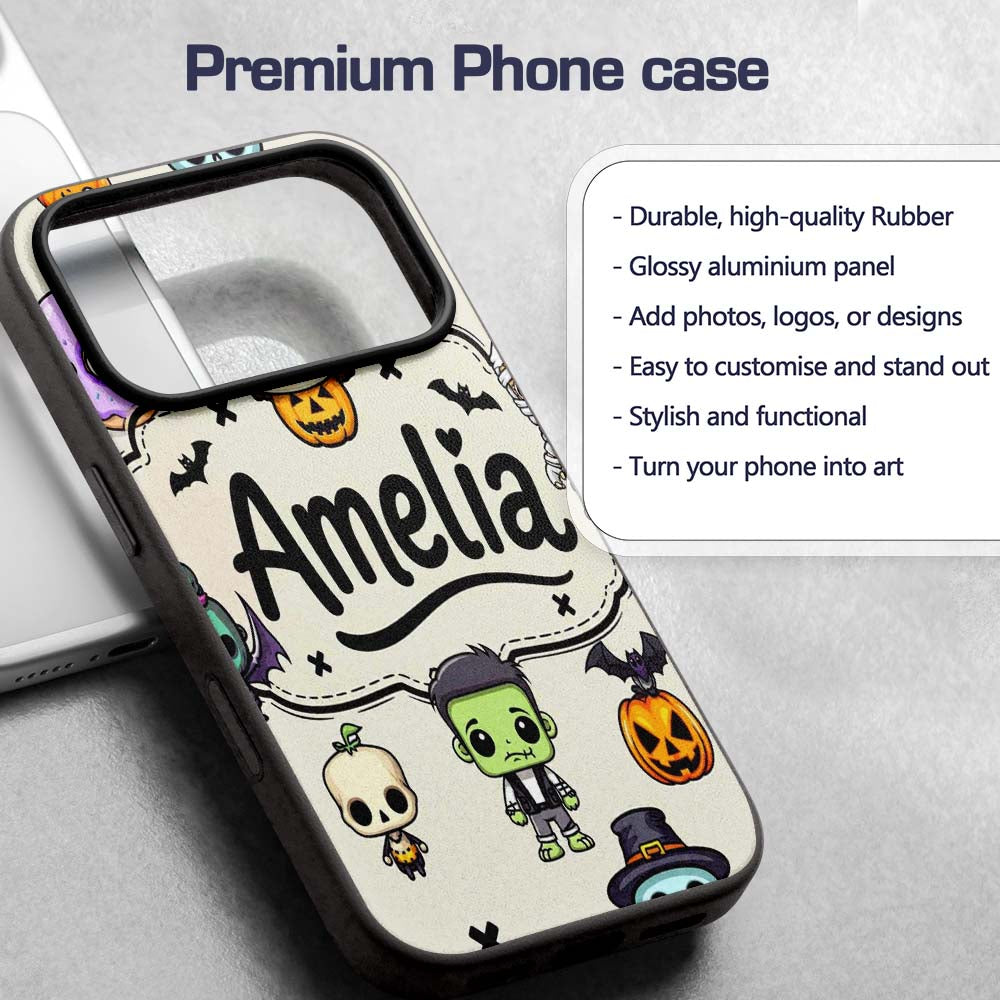 Cute Kawaii Halloween Mummy Bat Pumpkin Character Custom Name Protective Phone Case Mobile Cover Durable Everyday Smartphone Shock Resistant