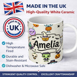 Personalized Custom Name Cute Kawaii Halloween Mummy Bat Pumpkin Character Pattern Name 11oz Ceramic Coffee Tea Mug White Large Handle